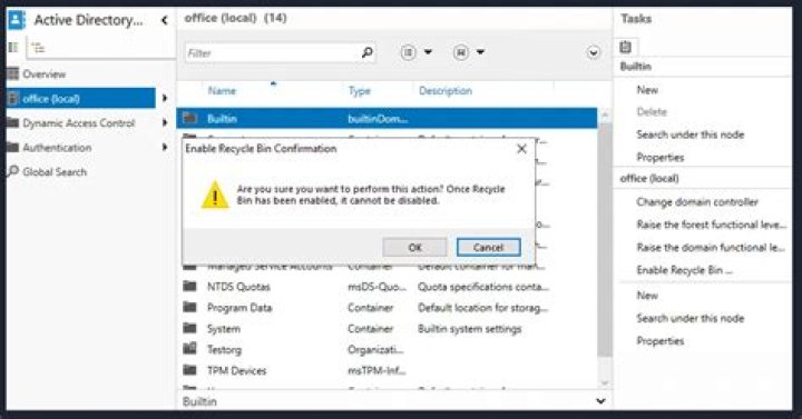 How do I enable the recycle bin in the Active Directory Administrative Center